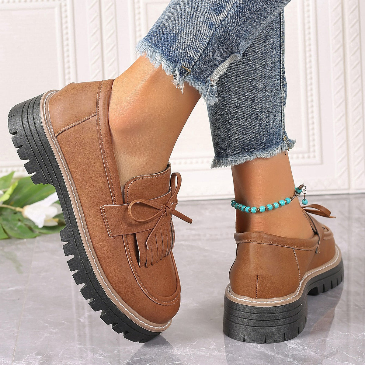 Fiorelle Women's Plus Size Chic Tassel Chunky Heel Bowknot Loafers Casual Shoes