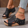 Fiorelle Women’s RetroBay Buckle Peep-Toe Wedge Sandals – Rivet-Detail Platform Beach Shoes (US 5–10.5)