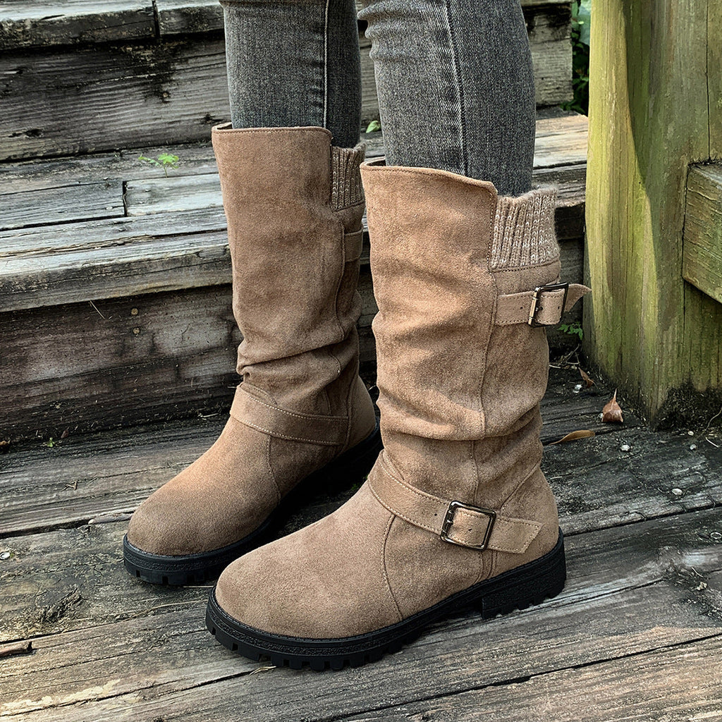 Fiorelle Women’s RanchWrap Buckle Mid-Calf Suede Boots – Knit Cuff Western-Style Slouchy Shoes (US 5–10.5)