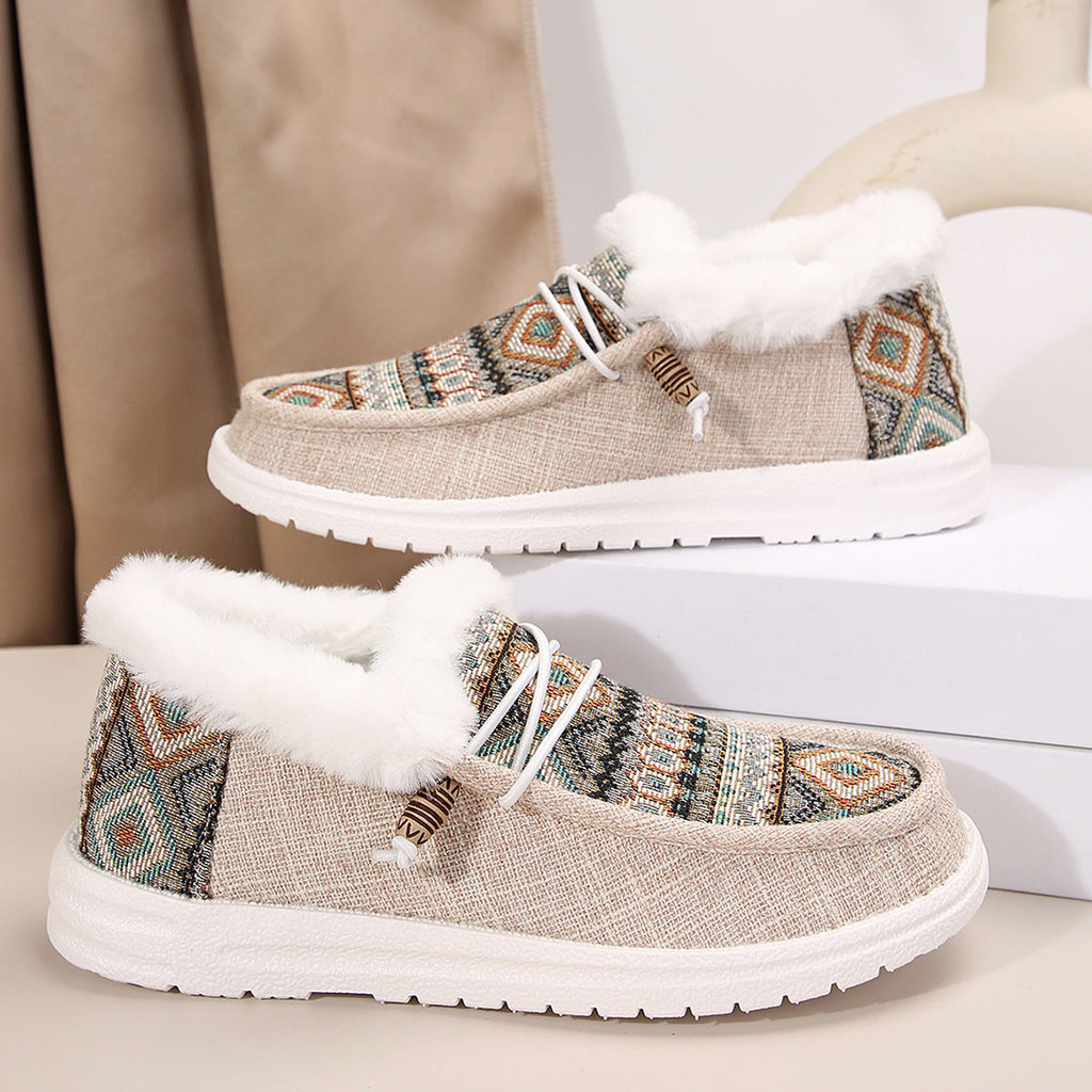 Fiorelle Women's Folklore Plush Flat Boots - Ethnic Print Lace-Up Winter Snow Shoes with Cozy Fleece Lining- US(5-10.5)