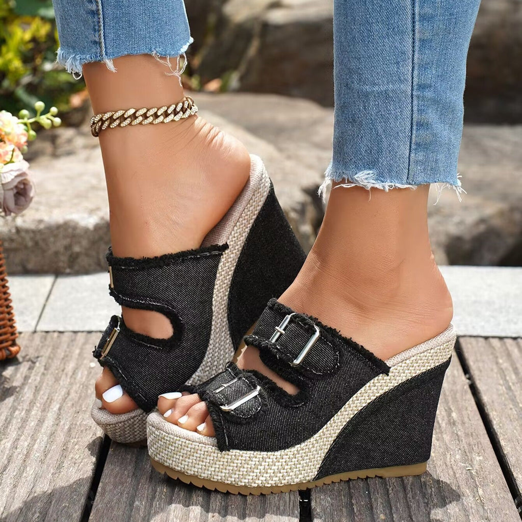 Fiorelle Women’s Denira Denim Peep-Toe Wedge Slide Sandals – Buckle Strap Platform Chic Summer Slides (US 5–10.5)