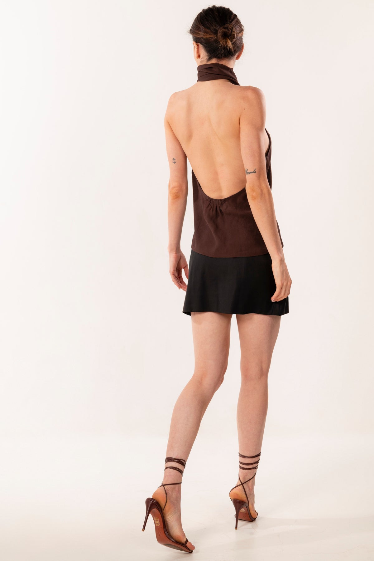 MIA BROWN SILK HALTER TOP