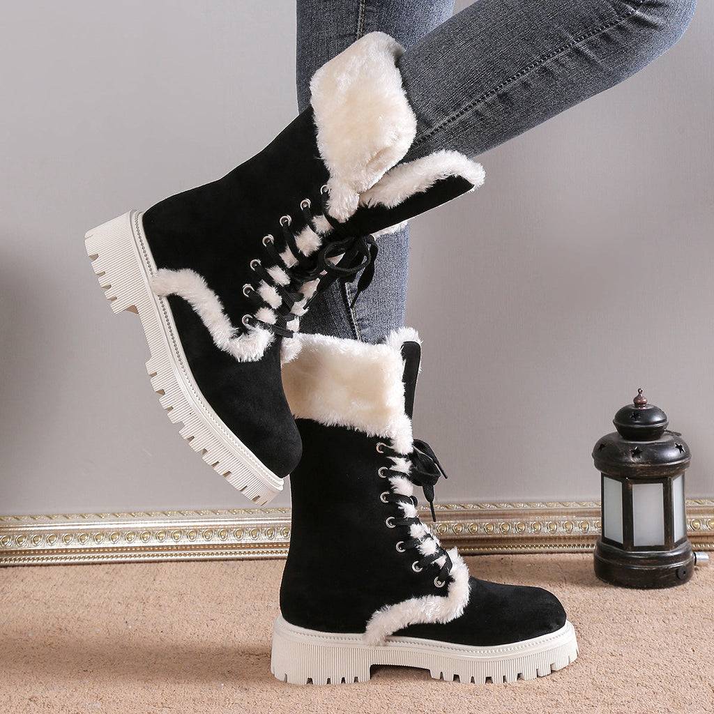 Fiorelle Winter New Women's Velvet Mid-Tube Cotton Boots with Thickened Lining and Height-Enhancing Design