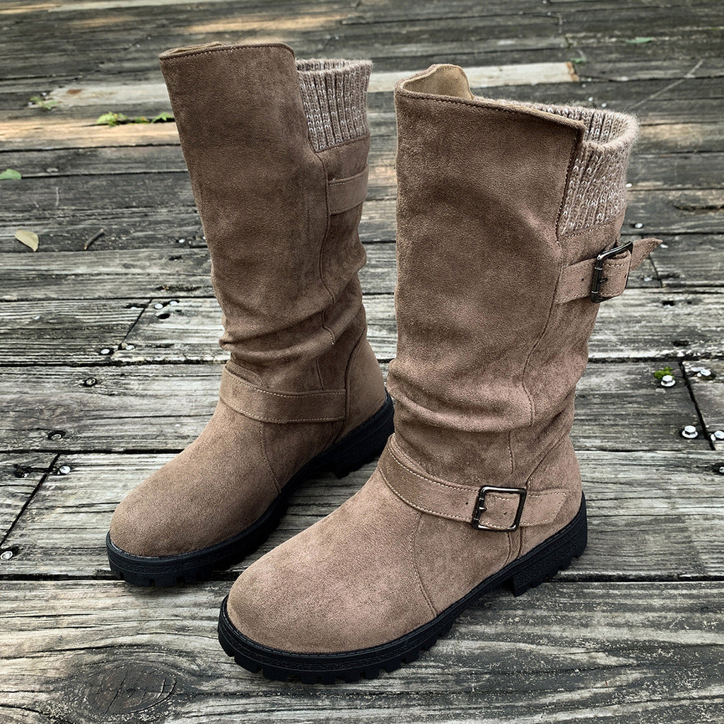 Fiorelle Women’s RanchWrap Buckle Mid-Calf Suede Boots – Knit Cuff Western-Style Slouchy Shoes (US 5–10.5)