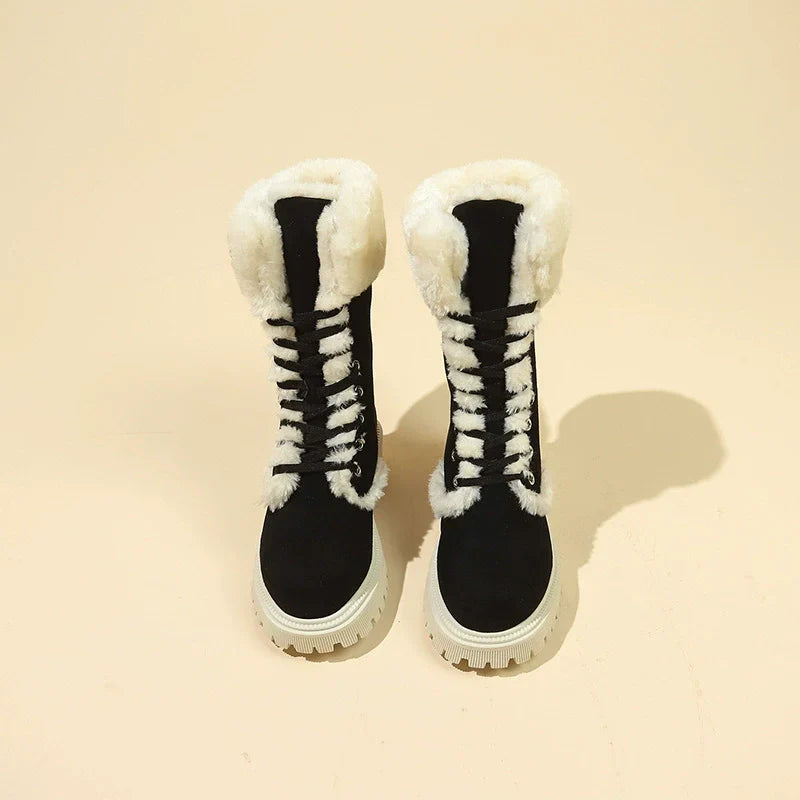Fiorelle Winter New Women's Velvet Mid-Tube Cotton Boots with Thickened Lining and Height-Enhancing Design